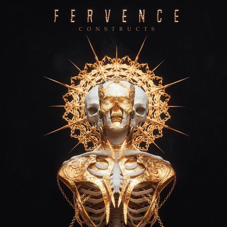 Text: "FERVENCE CONSTRUCTS". Eine skulpturale Darstellung: Goldener Skelettkopf mit dekorativen Elementen vor strahlendem HIntergrund.