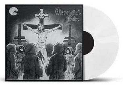 Text: "Mercyful Fate". Illustration: Menschen in Kapuzenmänteln stehen vor einer gekreuzigten Gestalt.