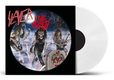 "SLAYER", "LIVE UNDEAD" in roter Schrift, Zombies auf Friedhof, weiße Vinyl-Schallplatte.