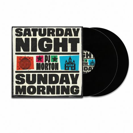 "Saturday Night Sunday Morning" in fettem Text, bunte Symbole darunter; links Disco-Kugel, rechts Kirche. Doppel-Schallplatte.