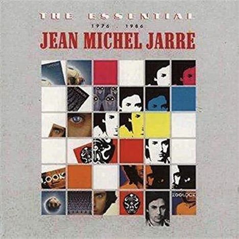 "The Essential 1976-1986 Jean Michel Jarre." Eine Collage aus bunten Quadraten mit Gesichtern und abstrakten Mustern.