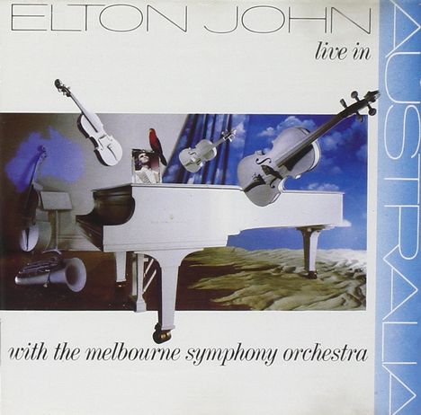 "ELTON JOHN live in AUSTRALIA with the melbourne symphony orchestra" auf einem Albumcover, zeigt ein Piano und schwebende Geigen.