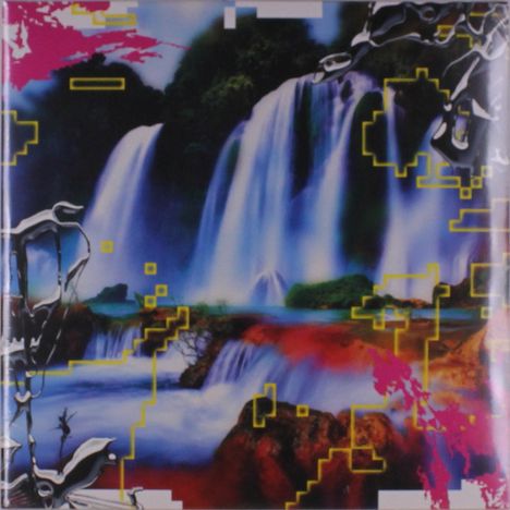 Kein Text vorhanden. Eine bunte Illustration mit Wasserfällen, geometrischen Mustern und kräftigen Farben sowie abstrakten Formen.