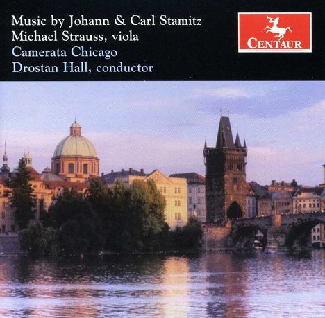 Text: "Music by Johann & Carl Stamitz; Michael Strauss, viola; Camerata Chicago; Drostan Hall, conductor."  
Logo zeigt Centaur.  
Unter dem Text eine Uferansicht mit Brücke und Gebäuden im Hintergrund.