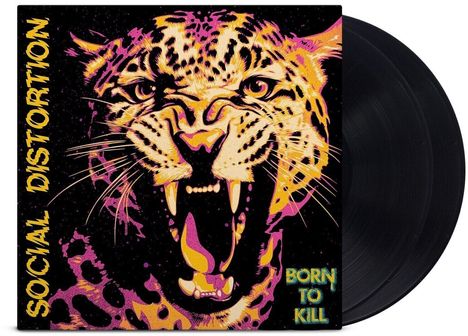 "Social Distortion" links, "Born to Kill" rechts. Illustration eines brüllenden Leoparden in lebhaften Farben. Schallplatte sichtbar.