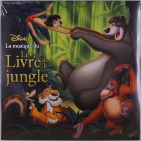 „La musique du Le Livre de la jungle“ steht im Vordergrund. Illustration zeigt fröhliche Tiere und ein Kind im Dschungel.