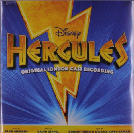 "Disney Hercules Original London Cast Recording" in einem dynamischen, blauen Hintergrund mit gelbem Blitz.