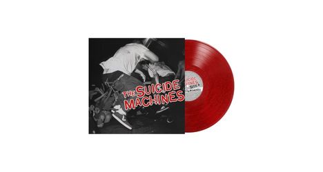 Text: "The Suicide Machines". Schwarzes Cover mit einer Person im weißen Hemd im Sprung. Rote Vinyl-Schallplatte rechts.