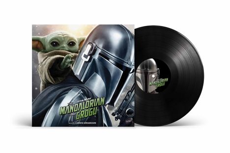 Text: "The Mandalorian and Grogu", "Music by Ludwig Göransson". Albumcover mit Helmfigur und Grogu. Vinyl-Schallplatte sichtbar.