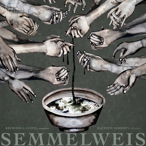 "Semmelweis" ist umgeben von grauen Armen, die sich zu einer Schüssel strecken. Flüssigkeit fließt von den Fingern.
