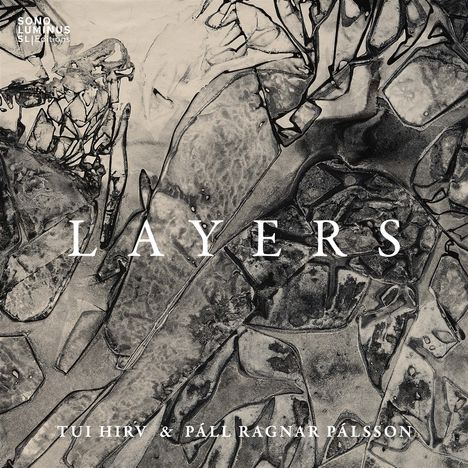 Text: "LAYERS" und darunter "TUI HIRV & PÁLL RAGNAR PALSSON". Abstraktes Muster aus überlappenden Formen und Linien.