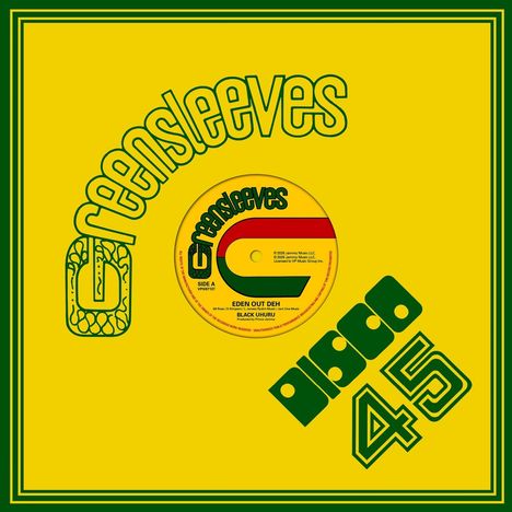 "Greensleeves", "disco 45", "EDEN OUT DEH", "BLACK UHURU". Farben: Gelb, Grün, Rot. Retro-Stil Grafik.