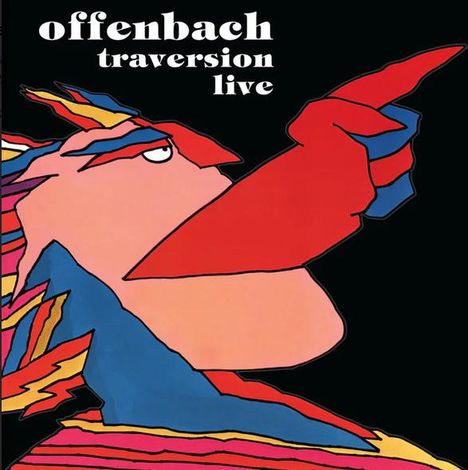Text: "offenbach traversion live". Illustration eines stilisierten Gesichts mit bunten, abstrakten Formen.