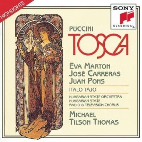 "Puccini: Tosca. Eva Marton, José Carreras, Juan Pons. Dirigent: Michael Tilson Thomas. Illustration mit Frau in floralem Kleid."