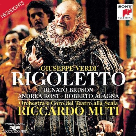 „GIUSEPPE VERDI RIGOLETTO“. Verzierter Mann, Rennaissance-Kostüm, dramatischer Ausdruck. Sony Classical Logo oben rechts.