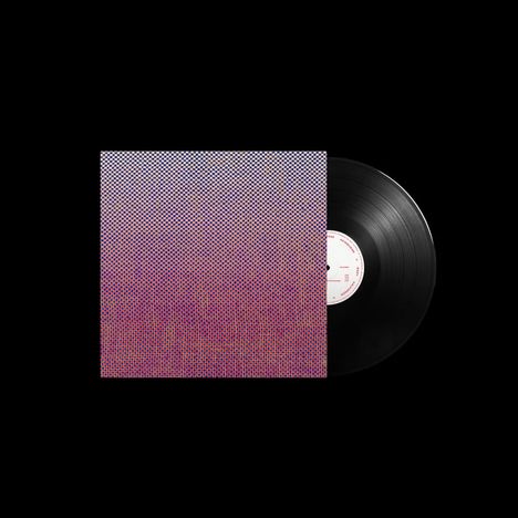 Eine Schallplatte mit teils sichtbarem Cover. Das Cover hat ein feines, rötlich-blaues Rastermuster.