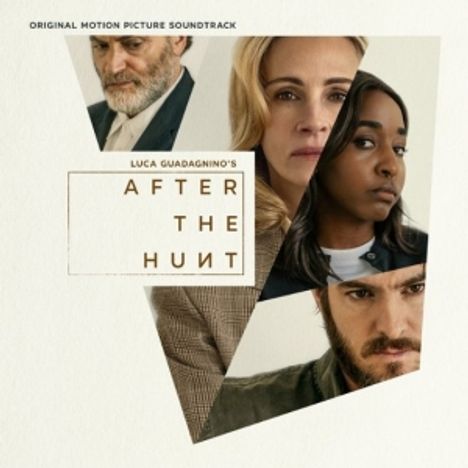 "Luca Guadagnino's After the Hunt" steht auf einem Kunstwerk mit vier ernst blickenden Personen in Dreiecksformen.