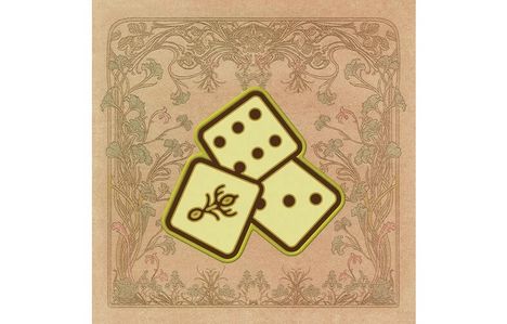 Auf stilvollem Hintergrund liegen drei gelbe Spielwürfel, einer zeigt ein dekoratives Symbol.