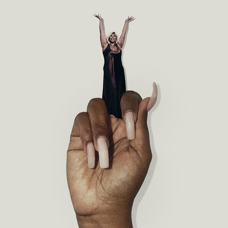 Text: "LIZZO, BITCH." Eine Hand hält eine Frau. Die Platte ist braun marmoriert.