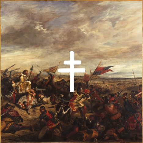 Ein weißes Balkenkreuz über einem Gemälde historischer Schlacht, Pferde und kämpfende Soldaten. Dramatischer Himmel.