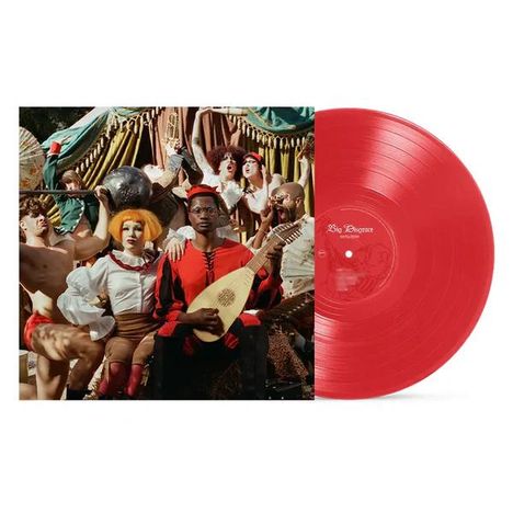 Text: "Big Disgrace", "HAWKE & FREDDY", "NEON CORAL VINYL". Szene mit kostümierten Personen, einer hält ein Saiteninstrument.