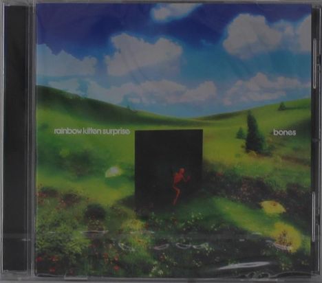 „Rainbow Kitten Surprise“ und „Bones“ auf grünem Hügel unter blauem Himmel mit weißen Wolken, schwarze Box in der Mitte.