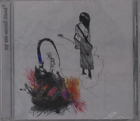 „my anti-aircraft friend“. Illustration: Person mit Gitarre, abstrakte, farbige Formen und Linien im Vordergrund.