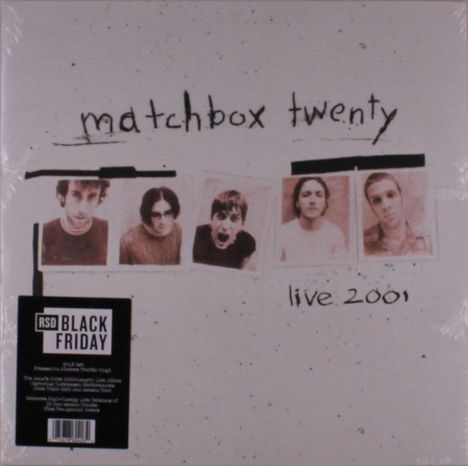 "Matchbox twenty" und "live 2001" sind handschriftlich geschrieben. Darunter sind fünf Polaroid-Fotos von Personen zu sehen.