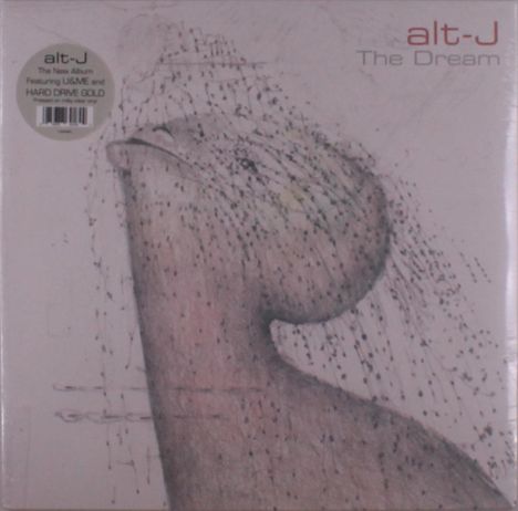 „alt-J The Dream“ in der rechten oberen Ecke, links Kleber mit „Featuring U&ME and HARD DRIVE GOLD“. Illustration eines stilisierten Kopfes.