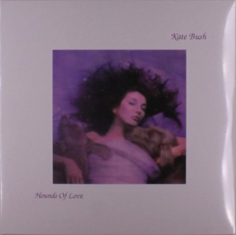 "Kite Bush" und "Hounds of Love" in lila Schrift. Frau mit dunklen Haaren, umgeben von Hunden, mit violettem Hintergrund.