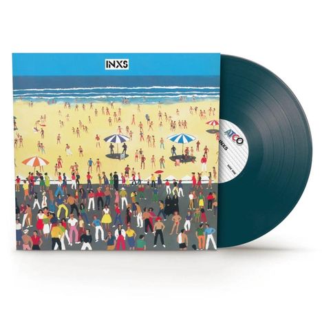"Oberer Text: INXS. Illustration eines belebten Strandabschnitts mit vielen Menschen, ein Vinyl liegt daneben."