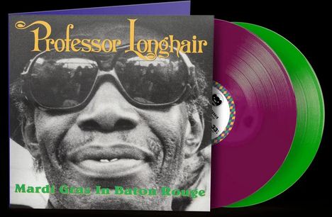 Ein Albumcover mit den Texten "Professor Longhair" und "Mardi Gras In Baton Rouge," zeigt ein Schwarz-Weiß-Porträt.