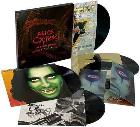 "ALICE COOPER THE STUDIO ALBUMS 1969-1983" auf Vinyl-Plattencovers mit dunklen, künstlerischen Bildern und Porträts.