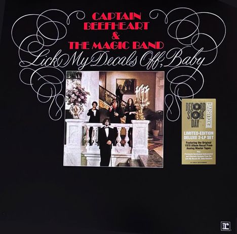 "Captain Beefheart & The Magic Band Lick My Decals Off, Baby." Foto: Band vor einer prunkvollen Treppe.