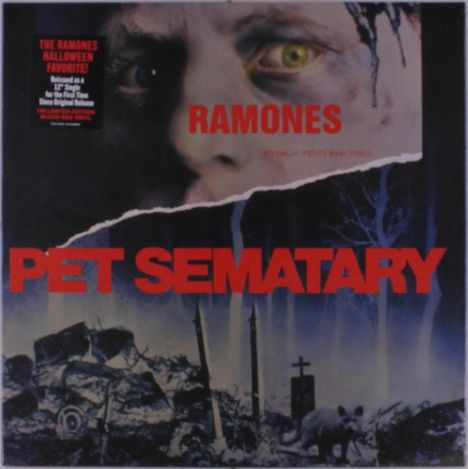 "PET SEMATARY" in großen roten Buchstaben, darüber "RAMONES". Ein unheimliches Gesicht und ein düsterer Friedhof im Hintergrund.