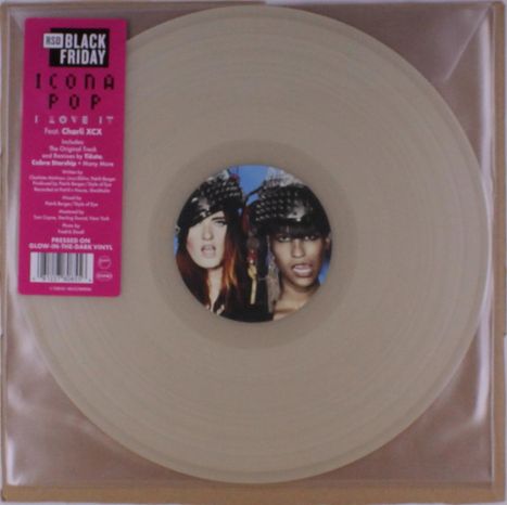Text: "RSD Black Friday", "Icona Pop I Love It", "Feat. Charli XCX". Schallplatte mit Foto von zwei Personen in auffälligen Hüten.