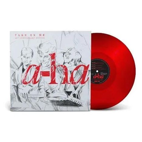 Text: "Take On Me, 35th Anniversary Edition, a-ha". Es zeigt drei gezeichnete Personen und eine rote Vinyl-Schallplatte.