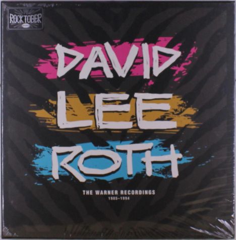 Text: "DAVID LEE ROTH", "THE WARNER RECORDINGS 1986-1994". Bunte, dynamische Schrift auf schwarzem Hintergrund.