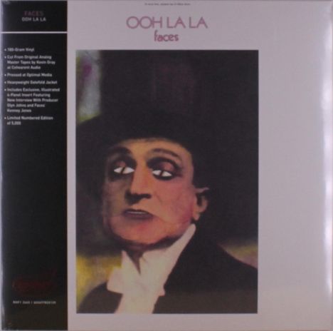 "OOH LA LA faces" in großer Schrift. Illustration eines Mannes mit Hut und weißem Kragen. Vintage-Stil.
