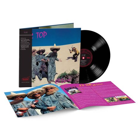 „ZZ TOP – El Loco“ ist in pinker Schrift zu sehen. Drei Männer in blauen Outfits mit Sombreros stehen in einer Wüstenlandschaft.
