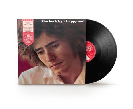 Albumcover „tim buckley / happy sad“ mit einem nachdenklichen Mann. Schallplatte daneben.