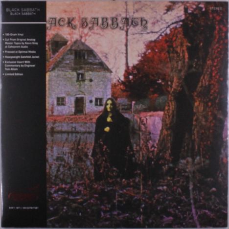 Text: "BLACK SABBATH", "180-Gram Vinyl", "Limited Edition". 
Illustration: Mystische Figur vor einem alten Haus mit roten Bäumen.