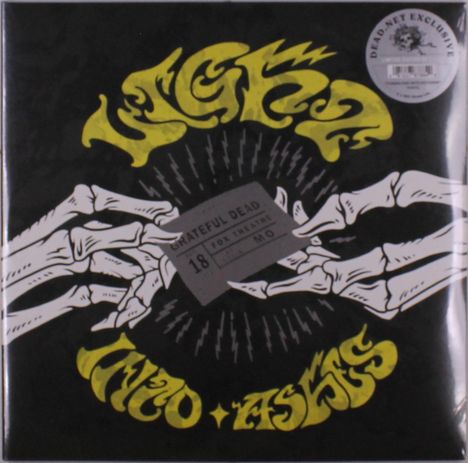 „Grateful Dead, Fox Theatre, MO“ auf einem Ticket. Skelettarme und gelber Schriftzug auf schwarzem Hintergrund.