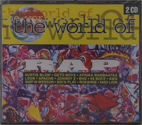 "The world of RAP" oben, Künstlerliste unten. Bunte Hintergrundillustration, 2 CD-Set.