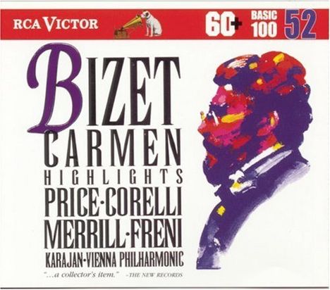 "BIZET CARMEN HIGHLIGHTS PRICE • CORELLI MERRILL • FRENI KARAJAN • VIENNA PHILHARMONIC." Illustration eines Mannes.