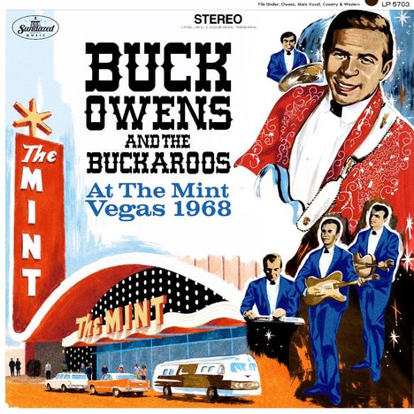 Text im Bild: "BUCK OWENS AND THE BUCKAROOS At The Mint Vegas 1968". Illustration mit Musikern, großen Schriftzügen und einem Gebäude.