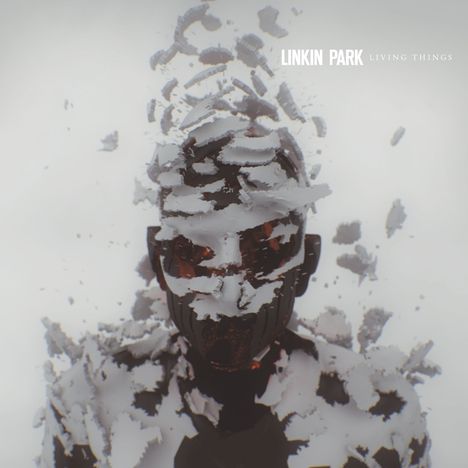 Text: "LINKIN PARK LIVING THINGS". Illustration eines Gesichts, das in weiße, fragmentierte Partikel zerfällt.