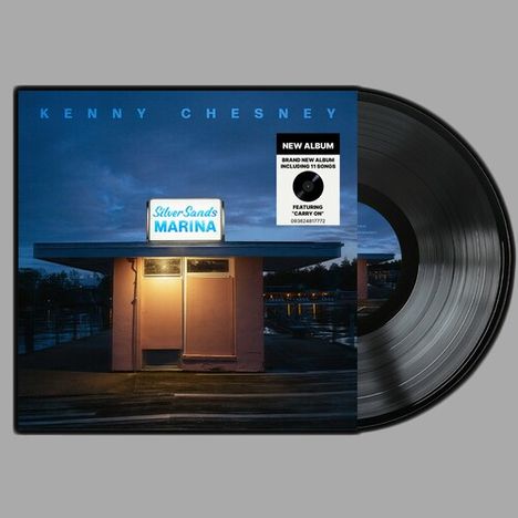 Text: "Kenny Chesney", "Silver Sands Marina", "New Album". Ein beleuchtetes Gebäude bei Nacht, daneben eine Schallplatte.
