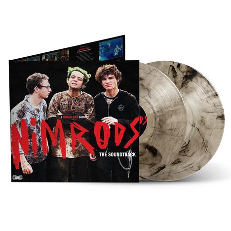 "NIMROD'S - THE SOUNDTRACK", "a GREEN DAY comedy". Drei Figuren in Freizeitkleidung. Zwei marmorierte Schallplatten.