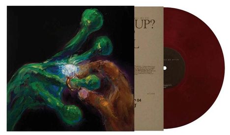 Texte: "UP?", "ZU VIEL", "03:23". Illustration: Farbige Hand berührt grüne, transparente Hand. Rote Vinylscheibe daneben.